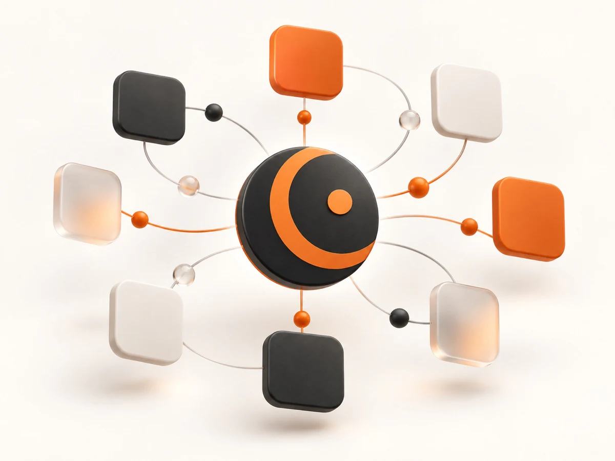 Abstract network of eight connected tiles representing Dealsfy across social platforms