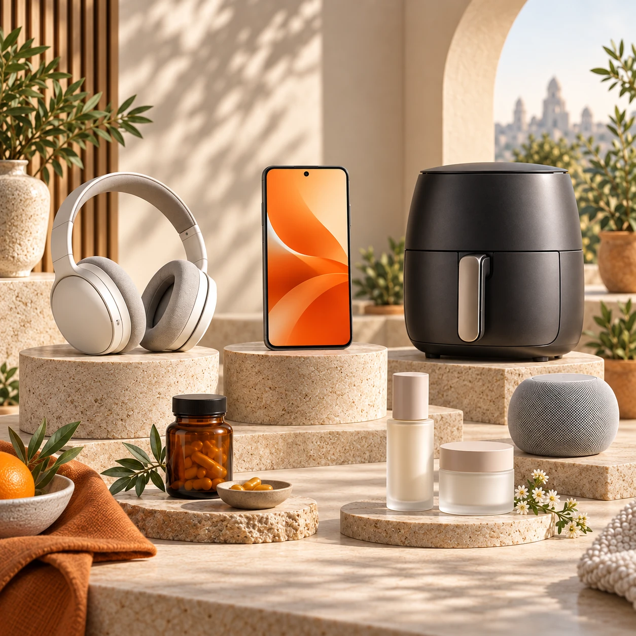 Premium editorial still life featuring technology, home, wellness and beauty products