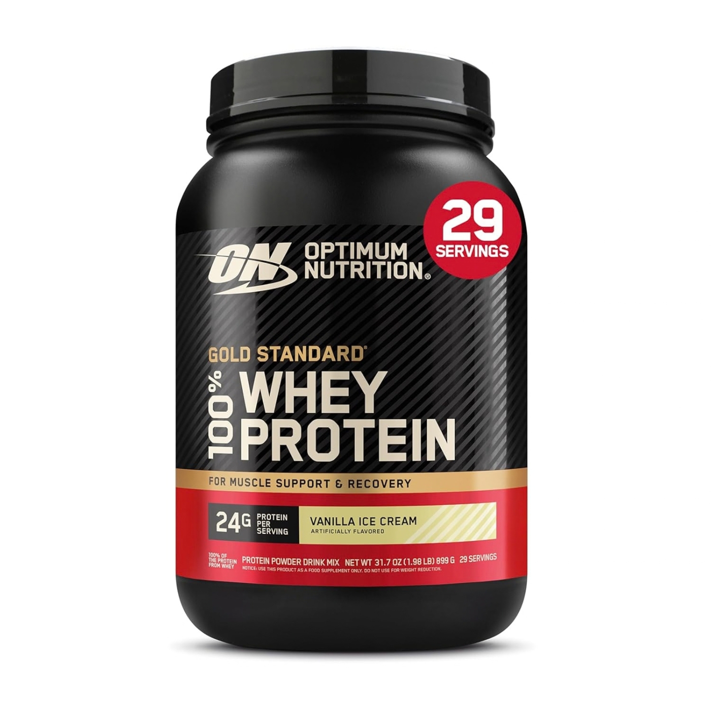 Optimum Nutrition Gold Standard 100% Whey Protein, Vanilla Ice Cream, 899 g tub; label shows 24 g protein per serving and 29 servings.