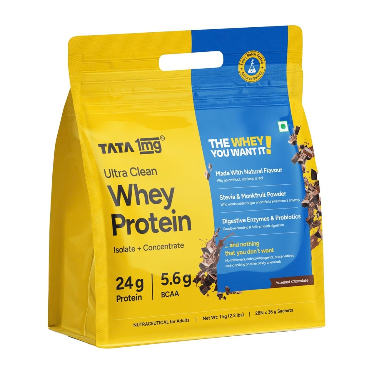 Tata 1mg Ultra Clean Whey Protein (isolate + concentrate), hazelnut chocolate, 1 kg pouch of 28 sachets; label shows 24 g protein and 5.6 g BCAA.