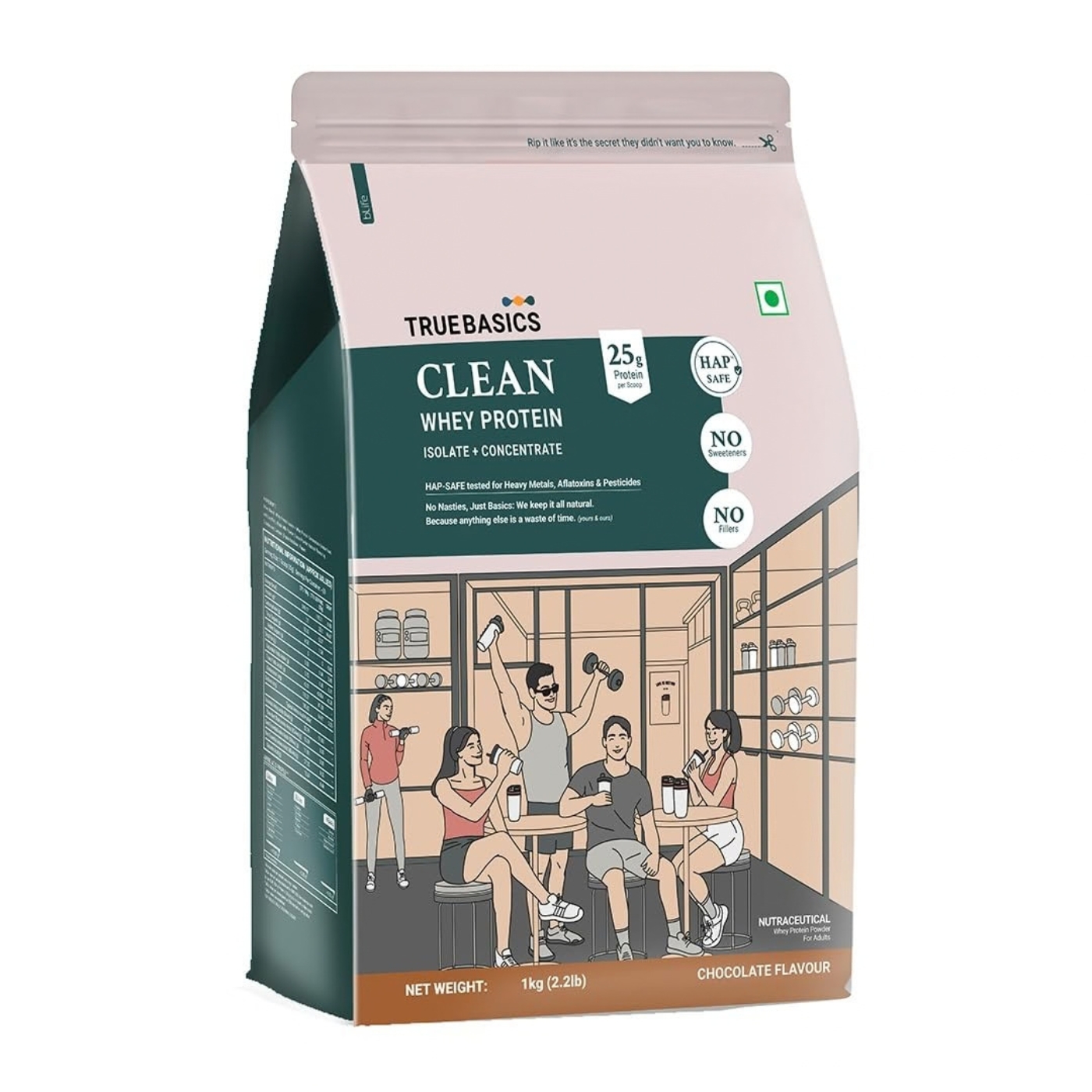 TrueBasics Clean Whey Protein (isolate + concentrate), chocolate, 1 kg pouch; label shows 25 g protein per scoop, no sweeteners and no fillers.